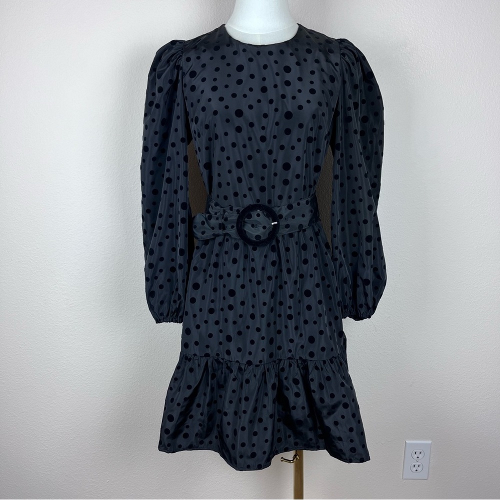 Express Dress Womens Small Mini Velvet Polka Dot Puff Sleeve Party Ruffle Black